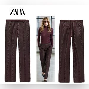 Zara Pants Womens Medium Moire Effect ZW Collection Burgundy Flat Front NWOT